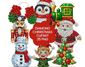 Puede incluir: Una colección de imágenes prediseñadas navideñas de diamantes con un cascanueces, un pingüino, un muñeco de nieve, un elfo, Papá Noel y un árbol de Navidad. Las imágenes prediseñadas están en un estilo brillante, similar a una gema, con el texto "DIAMOND CHRRISTMAS CLIPART 35 PNG".