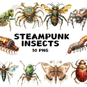 Steampunk Insect Clipart: 50 Watercolor PNGs, Vintage DIY Graphics (Digital Download)