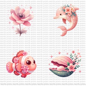 K&ouml;nnte beinhalten: Eine rosa und wei&szlig;e Muschel mit einer rosa Blume oben drauf. Ein rosa und wei&szlig;er Clownfisch mit einer rosa Blume auf dem Kopf. Ein rosa und wei&szlig;er Delfin mit einer rosa Blume auf dem Kopf.