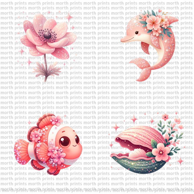 K&ouml;nnte beinhalten: Eine rosa und wei&szlig;e Muschel mit einer rosa Blume oben drauf. Ein rosa und wei&szlig;er Clownfisch mit einer rosa Blume auf dem Kopf. Ein rosa und wei&szlig;er Delfin mit einer rosa Blume auf dem Kopf.