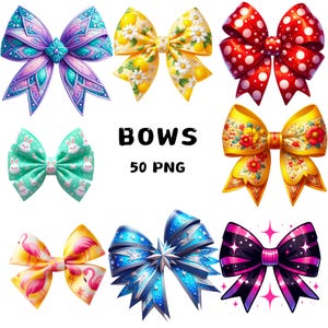 May include: A set of ten colorful bows with various patterns, including polka dots, floral designs, and cartoon animals. The bows are arranged in a grid pattern on a white background. The text "BOWS 50 PNG" is displayed below the bows.