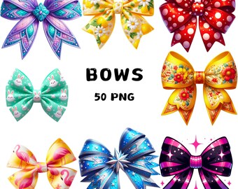 Paquete de imágenes PNG de lazos de acuarela, lazos de cinta coquetos, 50 PNG, rosa, rojo y cuadros vichy, fondo transparente, sublimación, uso comercial