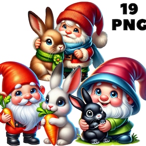 19 PNG Gnomes With Rabbit , Cute Gnomes, Animals clipart, Gnome Bundle, Spring Gnome, Illustrations , Instant Download for Commercial Use