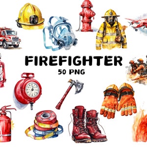 50 Aquarell Feuerwehrmann Clipart, Helm, Schlauch, Löscher, Illustrationen, Sofort-Download für kommerzielle Nutzung