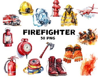 Firefighter Clipart PNG, Fire Truck & Tools, Helmet, Hose, Axe, Transparent Background, Stickers, Sublimation, Digital Download