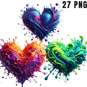 Clipart de corazón colorido vibrante, arte de corazón con salpicaduras de arcoíris, ilustración de corazón con pintura abstracta, descarga digital para uso comercial personal