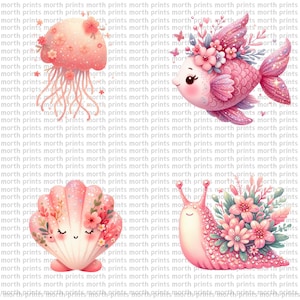 K&ouml;nnte beinhalten: Ein Set aus drei rosa und wei&szlig;en Illustrationen einer Qualle, eines Fisches und einer Schnecke. Jede Illustration zeigt ein fantasievolles Design mit Blumen und Glitzerakzenten. Die Qualle hat eine rosa Glocke mit wei&szlig;en Punkten und einen langen, flie&szlig;enden rosa Tentakel. Der Fisch hat einen rosa K&ouml;rper mit wei&szlig;en Punkten und eine rosa Flosse. Die Schnecke hat eine rosa Schale mit wei&szlig;en Punkten und einen rosa K&ouml;rper.