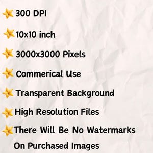 May include: A list of features for digital images, including 300 DPI, 10x10 inches, 3000x3000 pixels, commercial use, transparent background, high resolution files, and a statement that there will be no watermarks on purchased images.