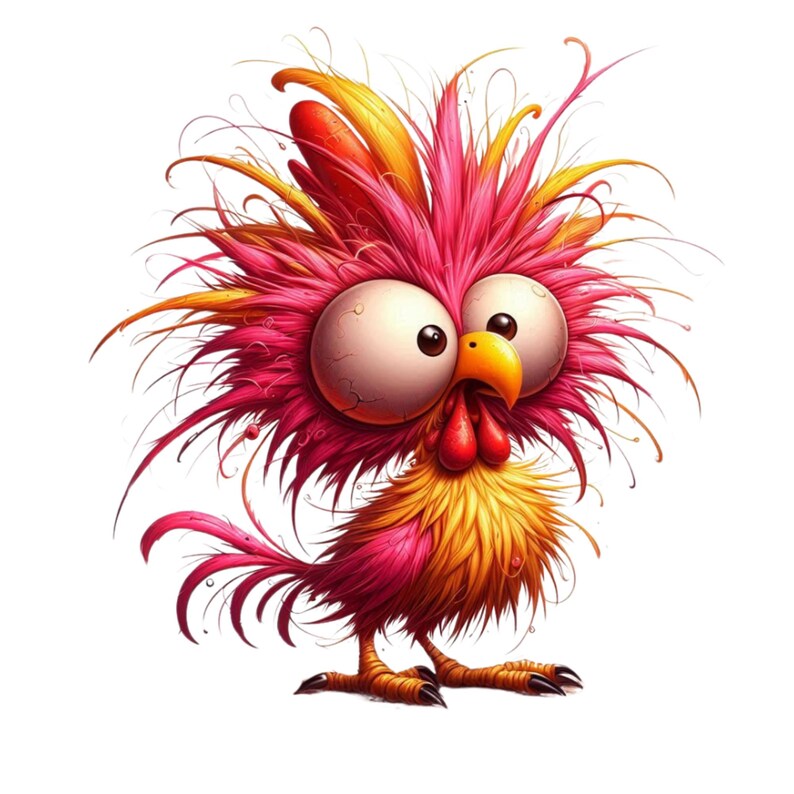 May include: A cartoon illustration of a pink and yellow rooster with a wild, messy hairstyle and large, round eyes. The rooster has a red comb and wattle.