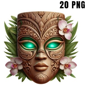 Puede incluir: Una máscara tiki de madera tallada con intrincados diseños, ojos verde brillante y una expresión serena. La máscara está adornada con hojas verdes y delicadas orquídeas rosas. El texto "20 PNG" está en la esquina superior derecha.