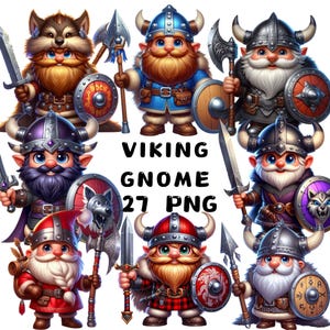 Può includere: Un set di 27 illustrazioni digitali di gnomi vichinghi. Gli gnomi indossano elmi con corna, tengono asce e scudi e hanno la barba. Gli gnomi sono in varie pose ed espressioni. Le illustrazioni sono in stile cartone animato e sono perfette per l'uso in progetti digitali.