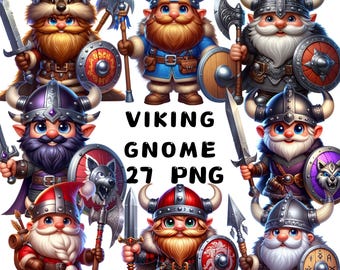 May include: A set of 27 digital illustrations of Viking gnomes. The gnomes are wearing horned helmets, holding axes and shields, and have beards. The gnomes are in various poses and expressions. The illustrations are in a cartoon style and are perfect for use in digital projects.