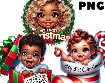 May include: Three digital illustrations of babies with Christmas themes. The first image shows a baby girl with blonde hair wearing a reindeer headband and a green wreath with the text "My First Christmas". The second image shows a baby boy with brown skin and curly hair sitting in a red and green gift box with the text "My First Christmas". The third image shows a baby girl with brown skin and curly hair wearing a red and white stocking with the text "My 1'st Christmas".