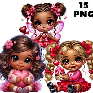 15 png-Valentijnsdag Black Girl clipartbundel png, schattige afromeisjes met harten en ballonnen, digitale sublimatie voor ambachten, kaarten,