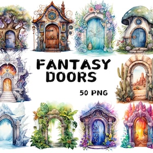 50 枚の水彩ファンタジードア クリップアート、魔法の木のドア、城のドア、庭のドア、イラスト、商用利用のための即時ダウンロード