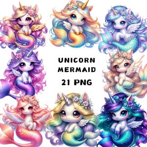 Meerjungfrau Clipart, Einhorn Clipart, Regenbogen Clip Art, PNG Aquarell, süße Einhorn Meerjungfrau, Junk Journal, Kartenherstellung, Sublimation druckbar