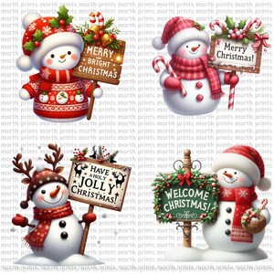 May include: Four festive snowmen with different winter accessories and signs. One snowman is wearing a red sweater and holding a sign that says "Merry and Bright Christmas". Another snowman is holding a candy cane and a sign that says "Merry Christmas". A third snowman is wearing a brown hat and holding a sign that says "Have a Holy Jolly Christmas". The last snowman is wearing a red hat and scarf and holding a sign that says "Welcome Christmas".