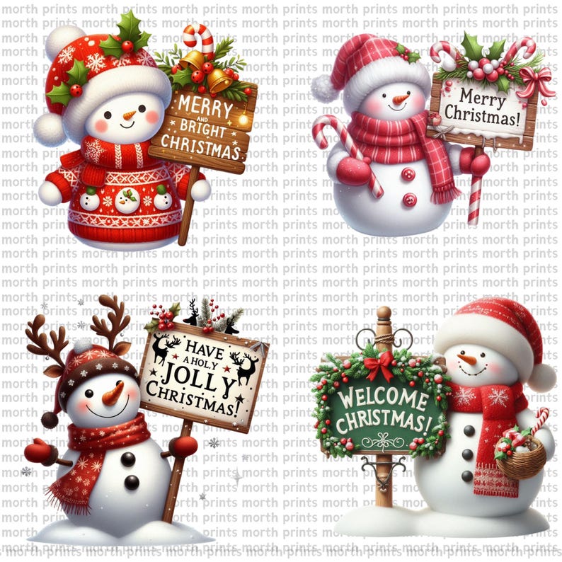 May include: Four festive snowmen with different winter accessories and signs. One snowman is wearing a red sweater and holding a sign that says "Merry and Bright Christmas". Another snowman is holding a candy cane and a sign that says "Merry Christmas". A third snowman is wearing a brown hat and holding a sign that says "Have a Holy Jolly Christmas". The last snowman is wearing a red hat and scarf and holding a sign that says "Welcome Christmas".