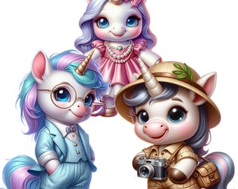Imágenes prediseñadas de unicornios de moda en formato PNG, gráficos para baby shower, pegatinas de unicornios para tarjetas, agendas y álbumes de recortes. Descarga instantánea. Uso comercial permitido.