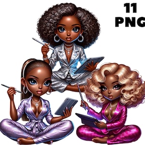 11 PNG, pacote de clipart de mulher digital, clipart de garota chibi, clipart de garota afro, clipart de garota jeans, clipart de garota bonita, gráficos de garota negra