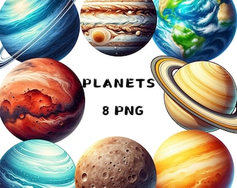 Imágenes prediseñadas realistas de planetas, imágenes PNG del sistema solar, gráficos de Júpiter, Saturno y Marte para niños y decoración de aulas, pósteres espaciales, uso comercial.