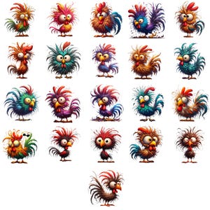 May include: A collection of 25 colorful cartoon rooster illustrations with various expressions and poses. Each rooster has a unique design with different colors, patterns, and textures.