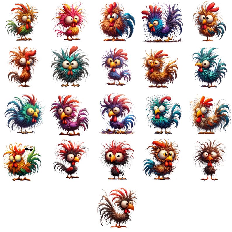 May include: A collection of 25 colorful cartoon rooster illustrations with various expressions and poses. Each rooster has a unique design with different colors, patterns, and textures.