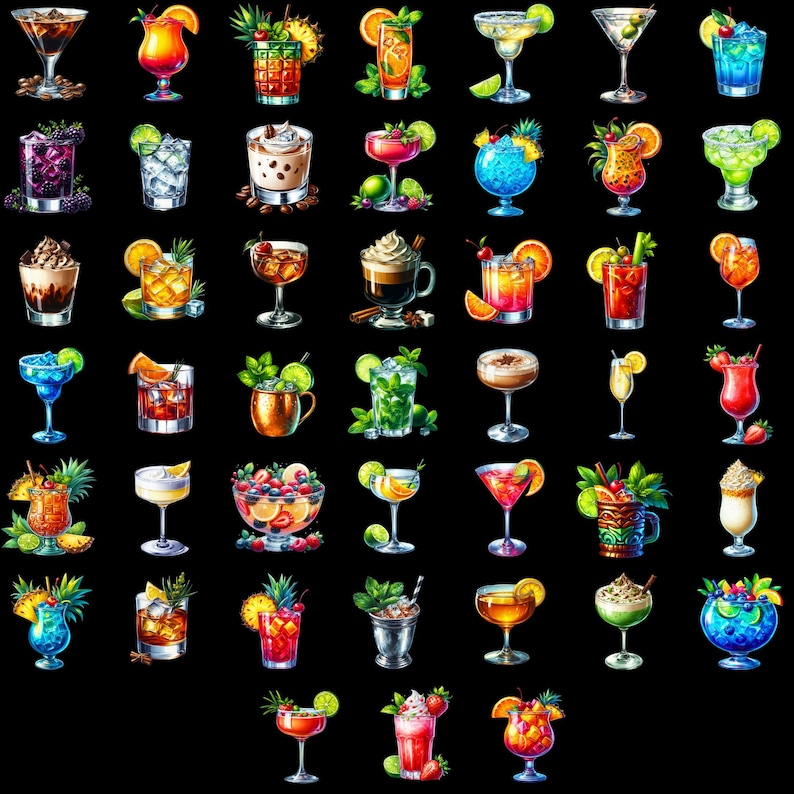 Puede incluir: Una colecci&oacute;n de 64 ilustraciones de c&oacute;cteles coloridos, con diversas frutas, guarniciones y cristaler&iacute;a. Las ilustraciones est&aacute;n dispuestas en una cuadr&iacute;cula, con cada c&oacute;ctel teniendo un dise&ntilde;o &uacute;nico.