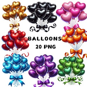 Pacote de 20 PNG Heart Balloons Clipart, clipart de amor, balões de amor fofos, designs gráficos, download digital instantâneo, uso comercial