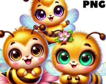 Baby Bee Clipart, Cute Honey Bees PNG, Spring Flower Garden Insects for Kids Crafts & Cards, Printable Stickers and Art, Commercial Use