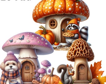 Autumn Mushroom House Clipart, Cozy Fall Cottage PNG, Pumpkin Toadstool Stickers for Cards, Scrapbook, Instant Download, Commercial Use