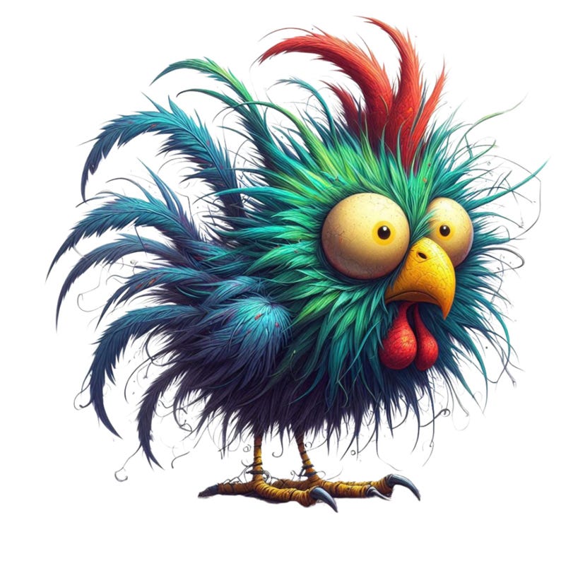 May include: A cartoon illustration of a rooster with blue, green, and red feathers. The rooster has large, round eyes and a surprised expression.