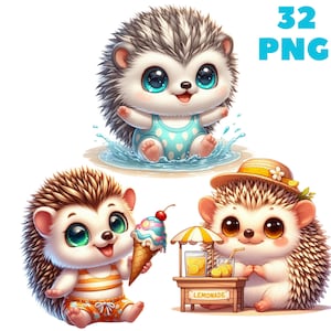 32 cliparts de hérisson d'été PNG, animaux mignons, clipart de plage, lot d'animaux, illustrations, téléchargement immédiat pour un usage commercial