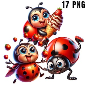 Set di clipart di coccinelle divertenti e carine - Illustrazioni giocose di coccinelle rosse e nere su sfondo bianco per adesivi e scrapbooking