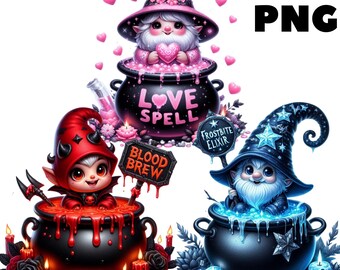 Halloween Gnome Clipart PNG, Witches, Cauldrons & Pumpkins, Transparent Background, Stickers, Sublimation, Commercial Use