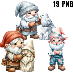 Clipart de gnomo escultor, gnomo artista fofo com cinzel e martelo, pacote de gnomo escultor em pedra, arte de gnomo artesão, download instantâneo, gnomo fofo