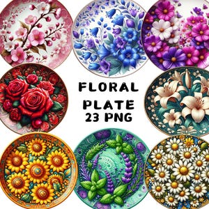 Może przedstawiać: Zestaw 10 dekoracyjnych talerzy z kwiatowymi wzorami. Talerze są okrągłe i mają białe tło z kolorowymi wzorami kwiatowymi. Wzory obejmują słoneczniki, lilie, róże, stokrotki i inne kwiaty.