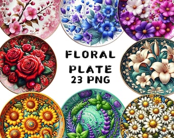 Clipart de prato floral PNG, ilustrações de pratos vintage e chiques para cartões e artesanato, arte de decoração floral retrô, uso comercial