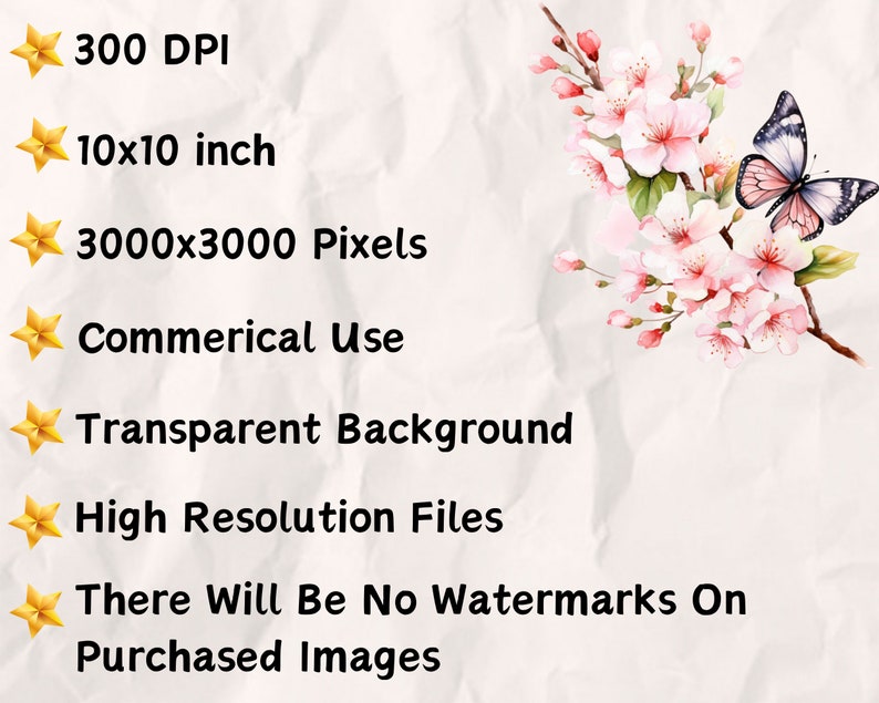 May include: A digital illustration of a pink and white cherry blossom branch with a butterfly. The image is 10x10 inches, 3000x3000 pixels, 300 DPI, and has a transparent background. The image is for commercial use and has no watermarks.