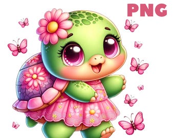 Spring Turtle Clipart PNG, Cute Baby Turtles with Flowers, 37 PNG, Nursery Spring Set, Transparent Background, Stickers, Commercial Use