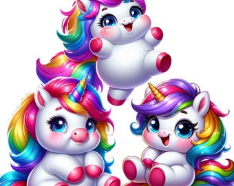 Imágenes prediseñadas de unicornio bebé, unicornio arcoíris PNG, pegatinas fantásticas para manualidades infantiles, guardería, tarjetas, descarga instantánea, uso comercial.