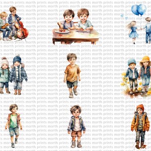 May include: A digital illustration of children playing and interacting. The illustration features a group of children playing music, a group of children eating at a table, a group of children walking in a field, and a group of children walking in a forest. The illustration is done in a watercolor style and features bright colors.