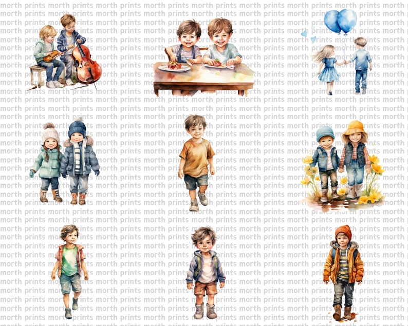 May include: A digital illustration of children playing and interacting. The illustration features a group of children playing music, a group of children eating at a table, a group of children walking in a field, and a group of children walking in a forest. The illustration is done in a watercolor style and features bright colors.