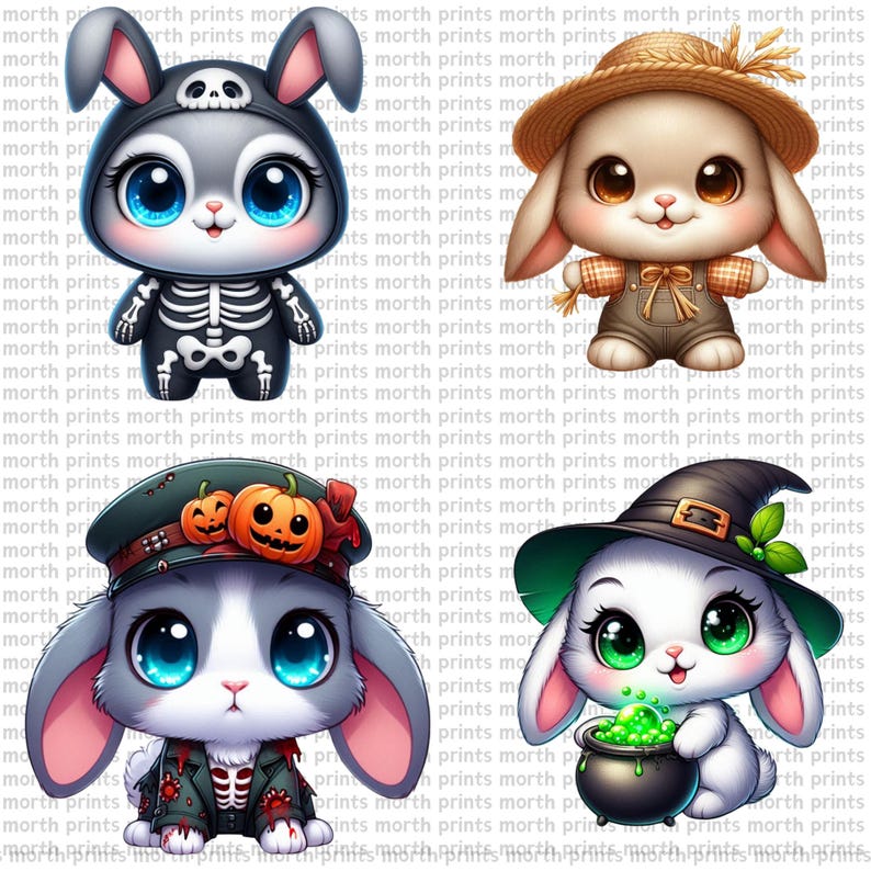 Hallowen Rabbits Halloween Bunny Clipart PNG, Rabbits With Pumpkins, Bats & Witch Hats ...