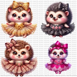 May include: Four cartoon hedgehogs wearing dresses. The hedgehogs are wearing dresses in gold, black, pink, and brown. Each hedgehog has a bow in its hair.