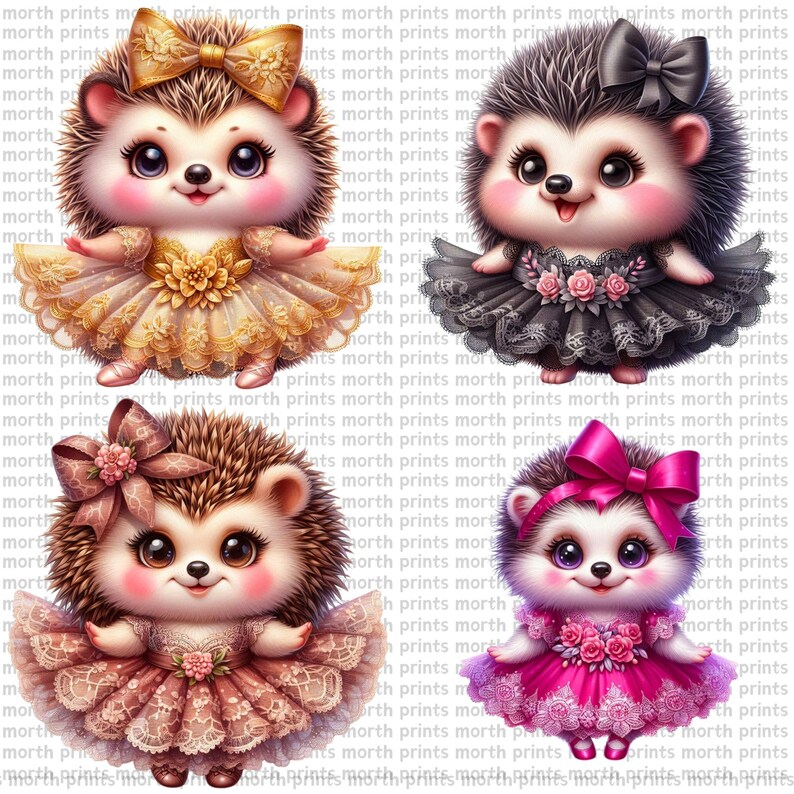 May include: Four cartoon hedgehogs wearing dresses. The hedgehogs are wearing dresses in gold, black, pink, and brown. Each hedgehog has a bow in its hair.
