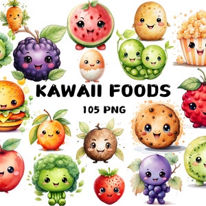 105 aquarelles Kawaii Foods Clipart, pomme, banane, lait, champignon, illustrations de brocoli, téléchargement immédiat pour un usage commercial