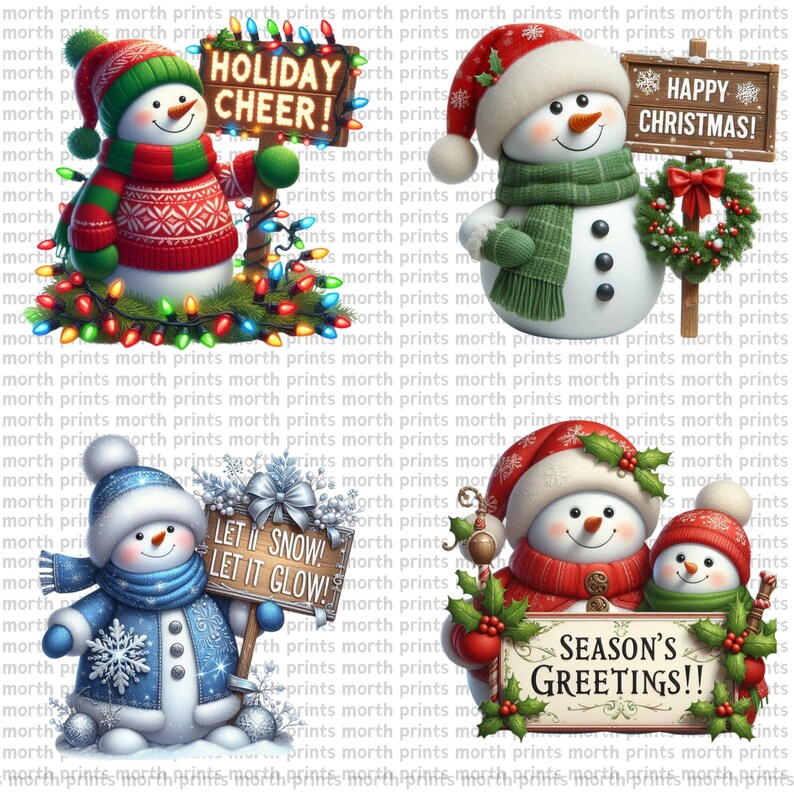 May include: Four digital illustrations of snowmen with Christmas themes. The first snowman is wearing a red and green sweater and holding a sign that says "Holiday Cheer!" The second snowman is wearing a green scarf and holding a sign that says "Happy Christmas!" The third snowman is wearing a blue scarf and holding a sign that says "Let it Snow! Let it Glow!" The fourth snowman is wearing a red and white hat and holding a sign that says "Season's Greetings!"