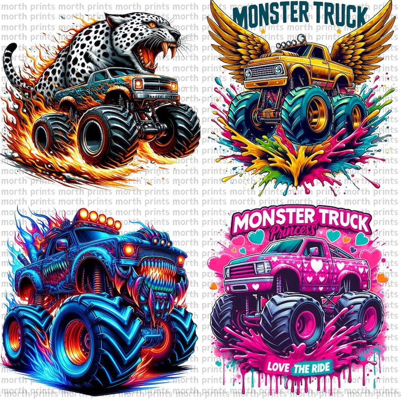 May include: Four different monster truck designs. The first truck is blue and black with flames and a monster face. The second truck is yellow with wings and colorful paint splatters. The third truck is pink with hearts and the text "Monster Truck Princess". The fourth truck is blue and red with flames and a cheetah on the hood.
