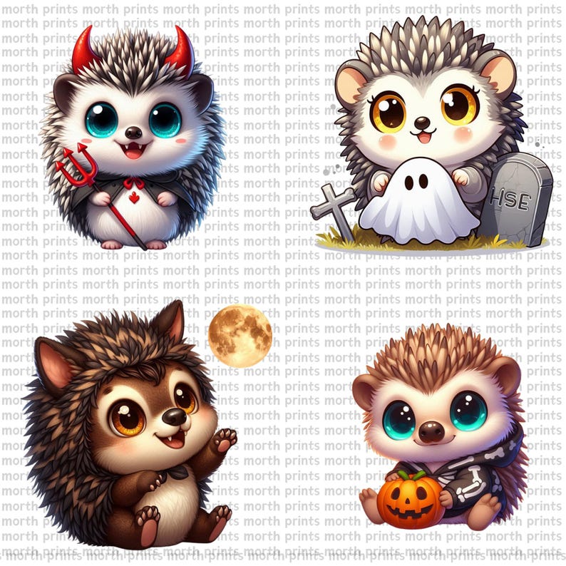 Peut inclure: Quatre h&eacute;rissons de dessin anim&eacute; habill&eacute;s en costumes d'Halloween. Le premier h&eacute;risson est habill&eacute; en diable, le deuxi&egrave;me en fant&ocirc;me, le troisi&egrave;me en loup-garou et le quatri&egrave;me en squelette tenant une citrouille d'Halloween.